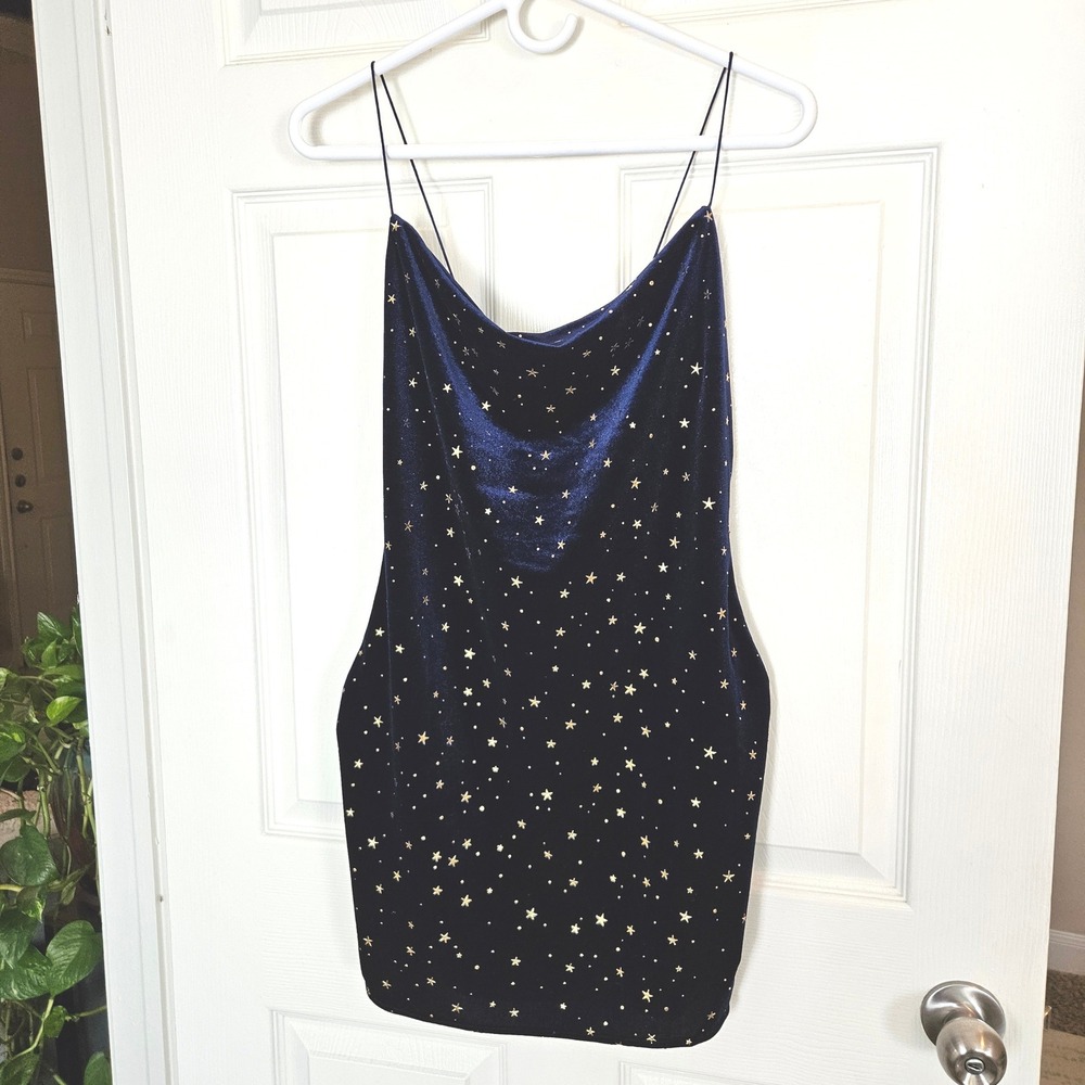 Navy Velvet Gold Star Print Cowl Neck Mini Slip Dress Celestial S Whimsigoth